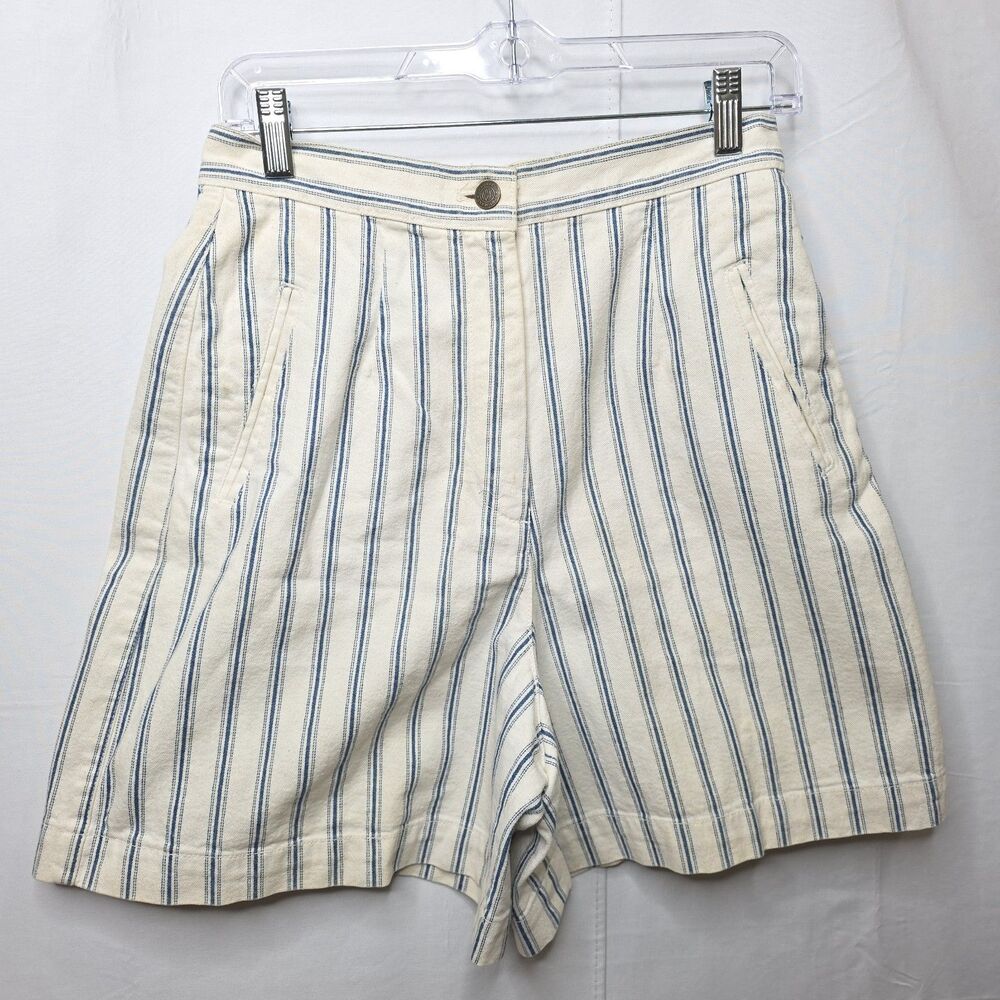 DKNY Jeans Shorts Women 10 Denim White Blue Pinstripe High Waisted Bermuda Mom